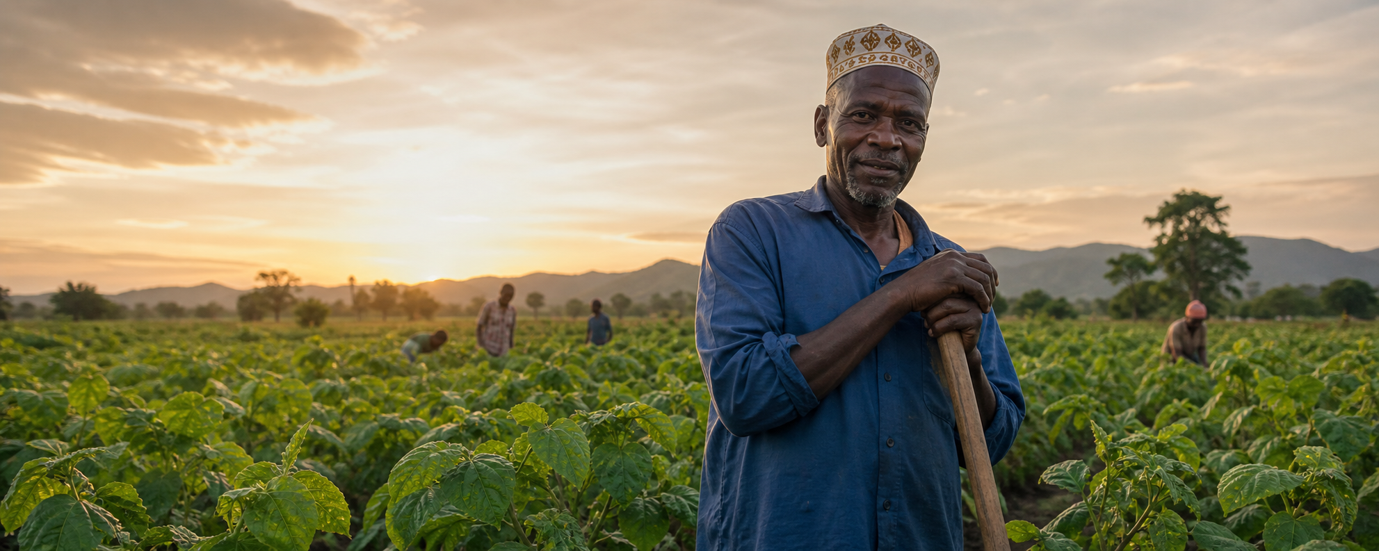A farmer smiling in a green agricultural field
